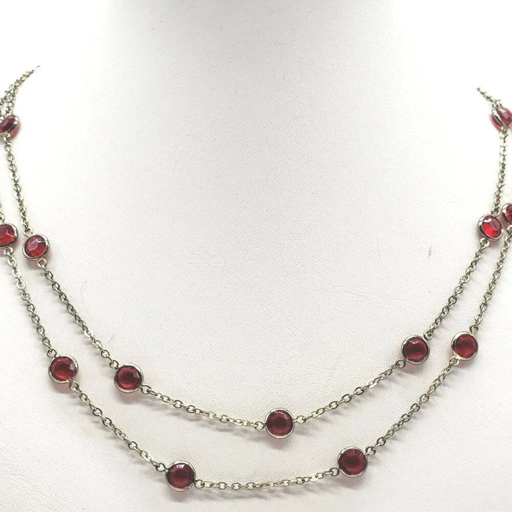 Ruby Tone Rhinestone Opera Length Gold Tone Chain Necklace